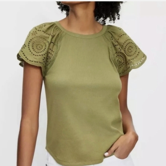 LOFT Tops - LOFT Light Olive Green Eyelet Sleeve Ribbed Tee
